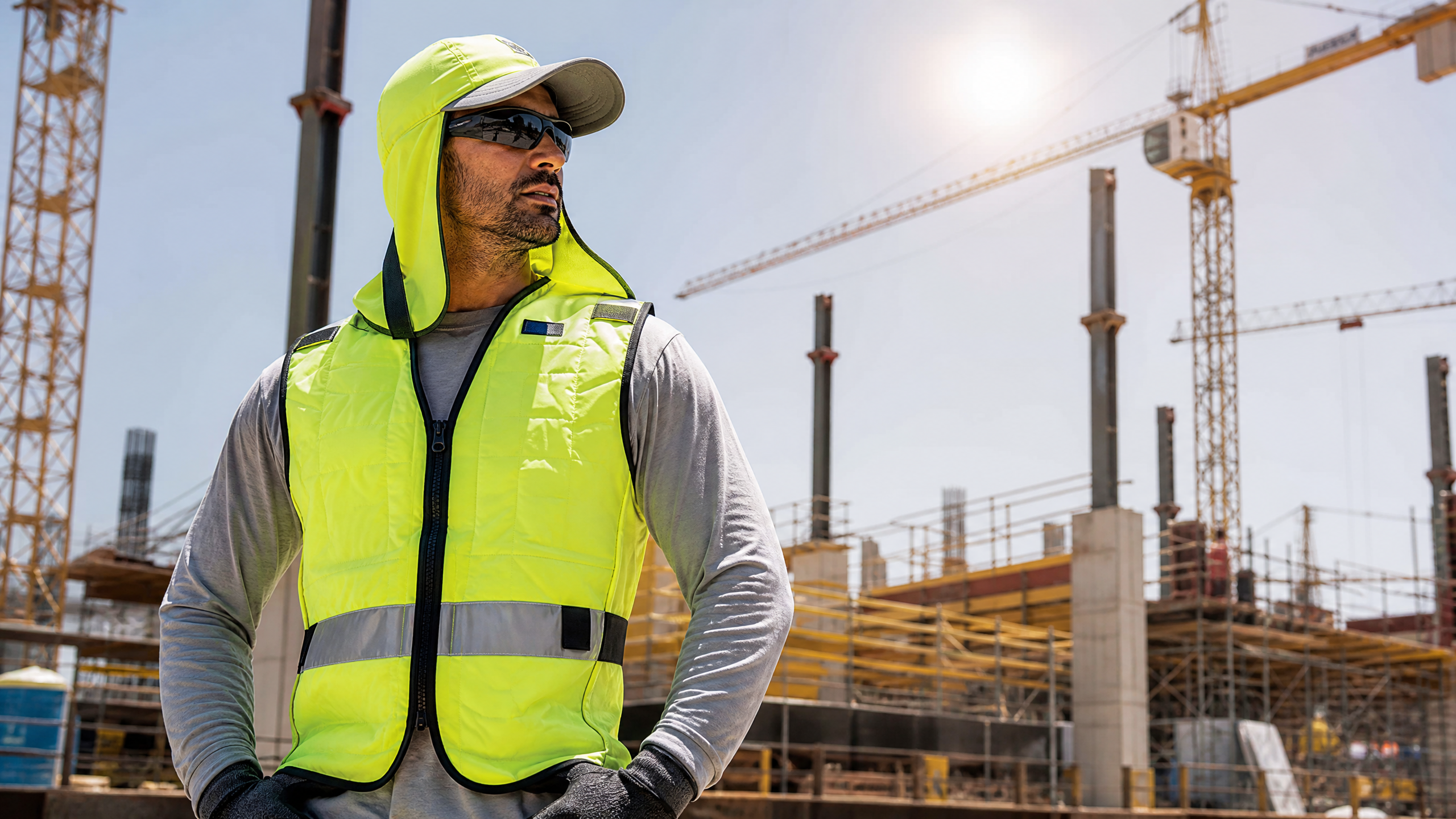 Lavoratore in cantiere con articoli rinfrescanti