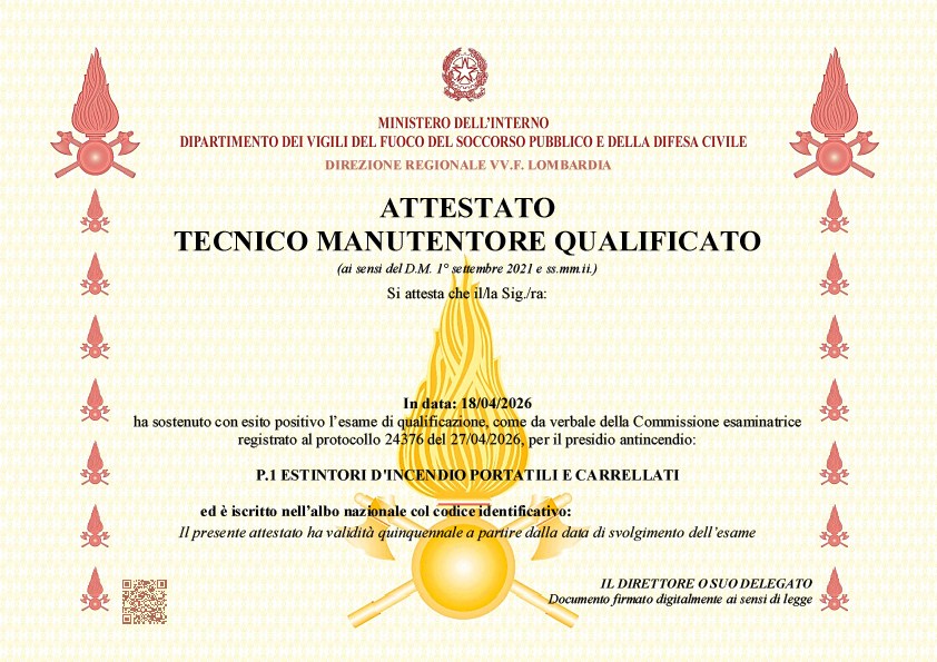 Attesato di tecnico manutentore antincendio
